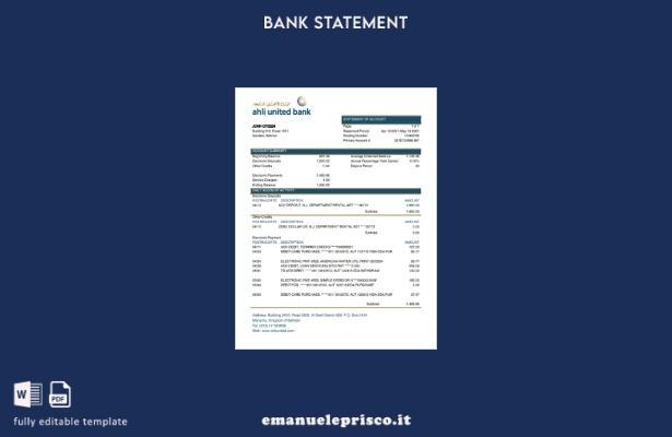 modello word di estratto conto Bahrain Ahli United Bank in stile verificato